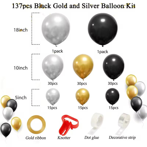Arche de Ballons Noir et Argent métalliques Or chromé 137pcs – Image 4