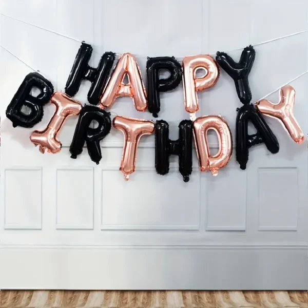 Ballon aluminium Noir et Rose Gold "Happy Birthday" (40CM) – Image 2